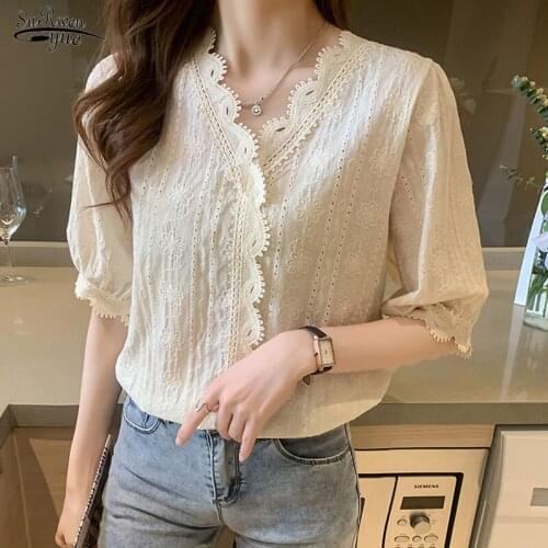 Short Sleeve Cotton Plus Size Women Blouses Embroidery Lace Summer Femme Shirt Girls Blouse Women Casual White Tops Blusas 15271