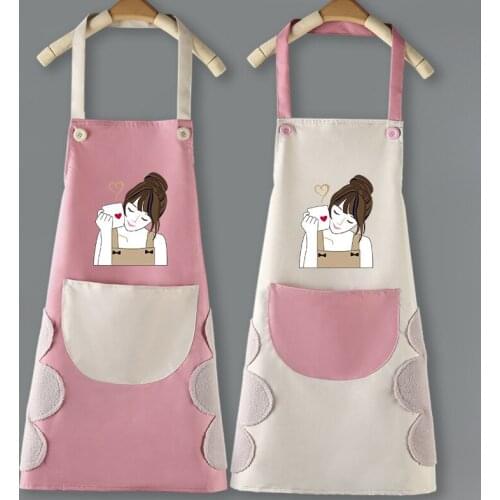 Cartoon Pattern Home Baking Cooking Cleaning Bib PVC Women Coffee Kitchen Apron Enlarged Pocket Waterproof Oil-Proof Pinafore