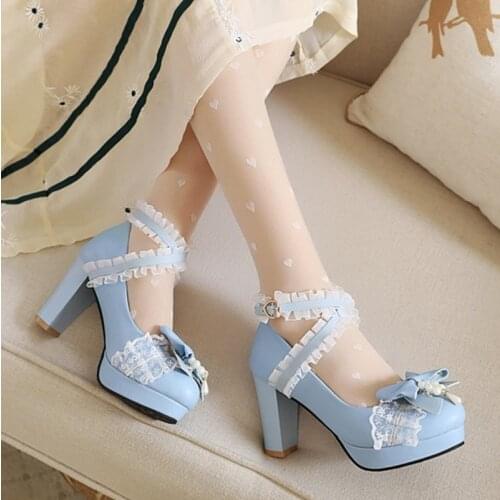 Lolita Sweet Princess Kawaii Girl Tea Party Princess Kawaii Shoes Cute Bowknot Lace Thick Heel Single Shoes Large Size Cosplay