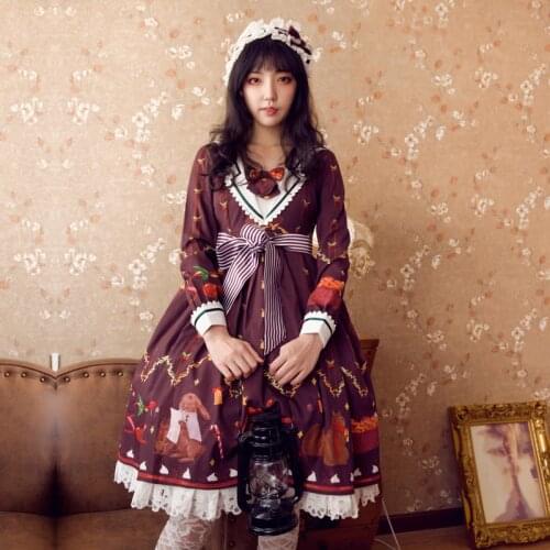 Japanese college style sweet lolita dress vintage bowknot square collar cute printing victorian dress kawaii girl op loli cos