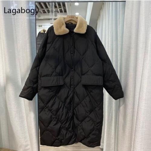 Lagabogy 2021 New Winter Women Faux Fur Collar Long Down Parka Female 90%White Duck Down Coat Single Breasted Warm Puffer Jacket