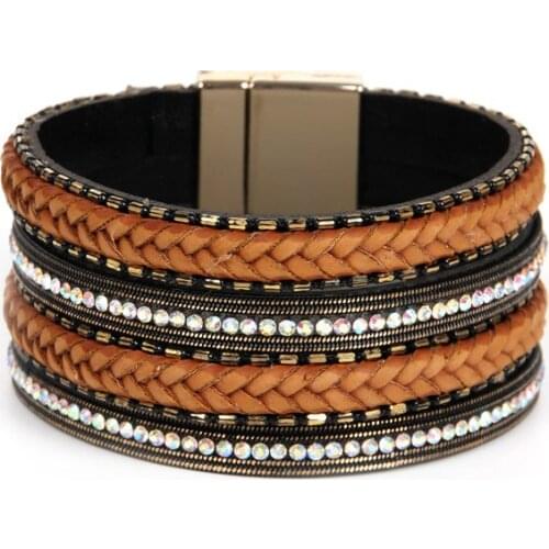 ORNAPEADIA Europe and United States Accessories womens Luxury Zircon Bohemia Bangles multi-layer Genuine Leather fine Bracelet