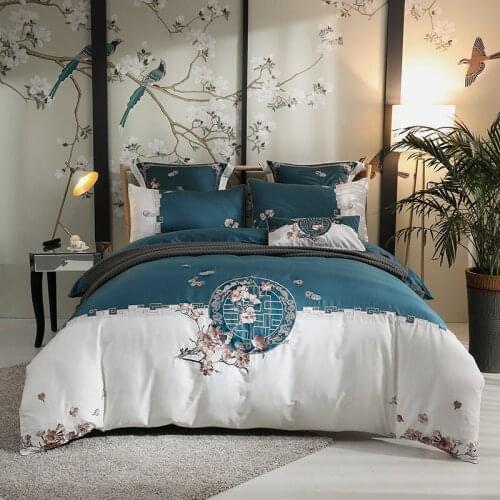 Luxury Chinese Style Classic Embroidery 100S Satin Egyptian Cotton Bedding Set Duvet Cover Bed Linen Fitted Sheet Pillowcases