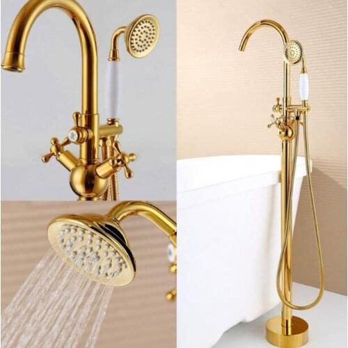 Luxury gold Brass Bathroom floor decked bathtub Faucet set floor mounted style shower faucet set double lever free shipping