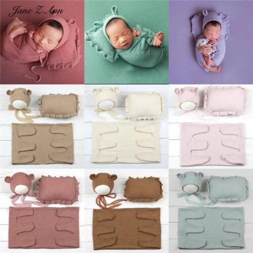 Jane Z Ann Newborn baby photo props infant solid color bear hat+pillow+wrap studio shooting accessories