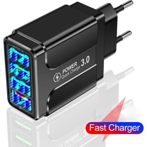 Luminous 4 USB Ports EU/US/UK Plug QC3.0 Fast Charging Travel Charger for Mobile Phone