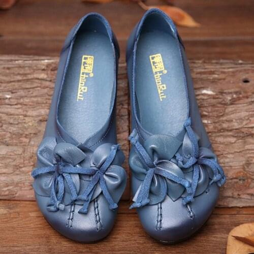 Vintage handmade womens shoes Women Flats Vintage Shoes flat heeled cowhide flowers Soft Bottom Shoes Mother Shoe Female