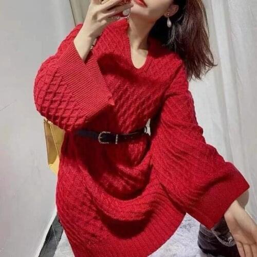 Spring Autumn Winter New Girls Vestido Women Casual Elegant Vintage Long Sleeve Loose Big Size Red Black Sweater Knitted Dress