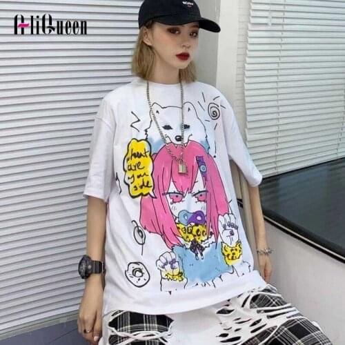 Runway Summer Womens Cartoon Print White Tshirts Short Sleeve O Neck Loose Hip Hop Harajuku Streetwear Graphic Long T-shirt Top