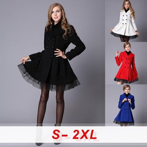 Trench Coat Women Lace Hem Tops Coat Double-breasted Wool Coat Big Female Thin Outwear Lapel Slim Outerwear Peacoat Plus Size