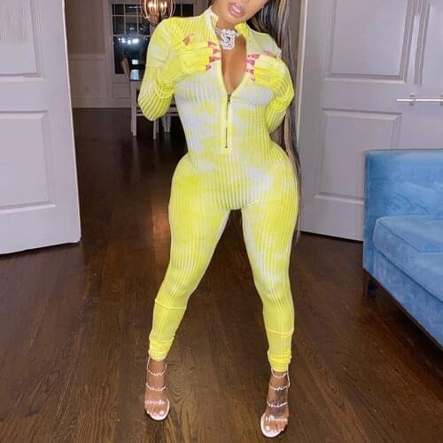 2020 Fall Winter Womens Fashion Knitted Ribbed Tie Dye Print Rompers Long Sleeve O-neck Front Zip Skinny Overall Female Jumpsuit