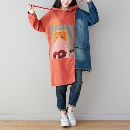 Patchwork Jeans Hoodies Dress Oversize Women Sweatshirt Ladies Cartoon Hooded Coat Irregualr Hem Colour Block 2020 Spring Autumn