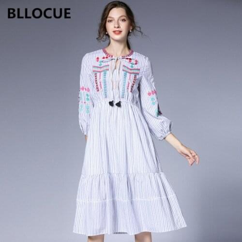 BLLOCUE High Quality Runway Vintage Embroidery Cotton Striped Voile Dress Womens O-Neck Lace-Up Lantern Sleeves Midi Dress