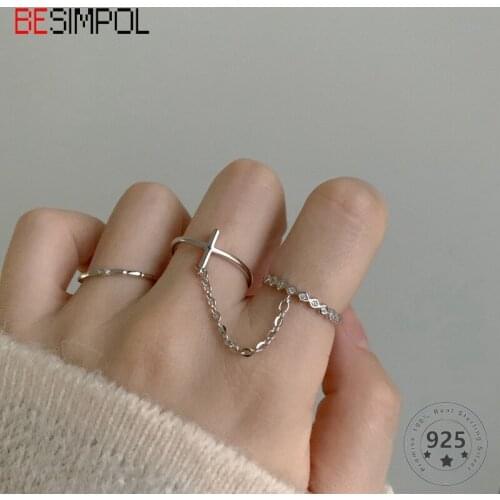 Besimpol 925 Sterling Silver Double Chain Rings Minimalist Cross Zircon Adjustable Rings For Women Simple Casual Fine Jewelry