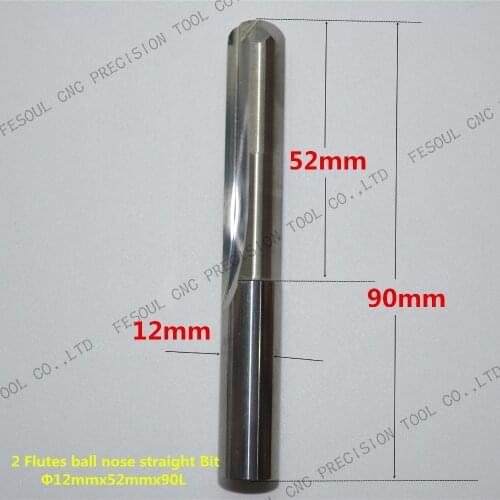 12mm*52mm,1pcs,Freeshipping 2 Straight flutes Ball Nose end mill,CNC milling Cutter,Solid carbide wood tool,PVC,MDF,Acrylic,wood
