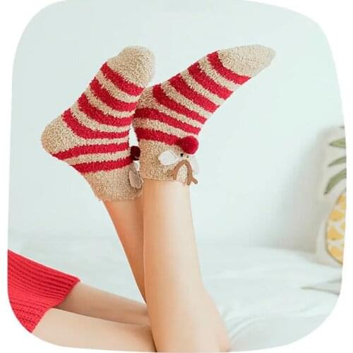 3 Pairs New Autumn Winter Room Floor Socks Ankel Socks Girl Animal Mid-calf Santa Claus Christmas l Warm Non-Slip Sleep Socks