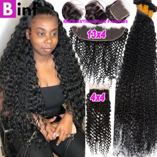 36 38 40 Inch Curly Bundles With 4x4 Closure Remy Brazilian Hair Deep Curly Human Hair 3/4 Bundles With Frontal and Closure