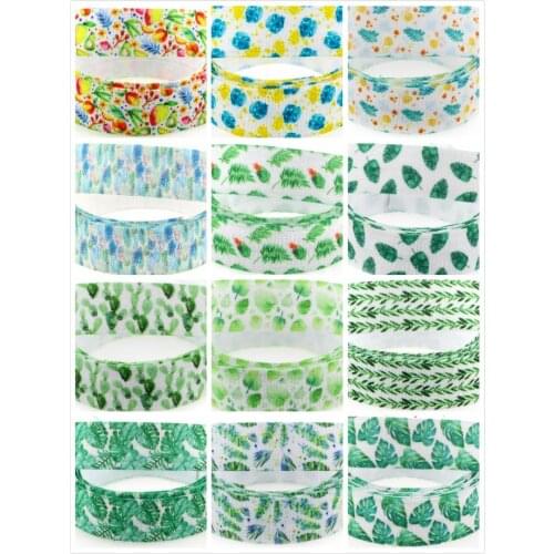 5/8"16mm Green Leaf Series Printed Fold Over Elastic Ribbon Flora Patterns Hair Band Making DIY Home Decor Webbings 50yards/roll