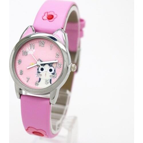 Cute Cheese Cat Girls Watch Fashion Women Quartz Wrist Watches Students Girls Watch Leather Strap Kids Clock Gifts
