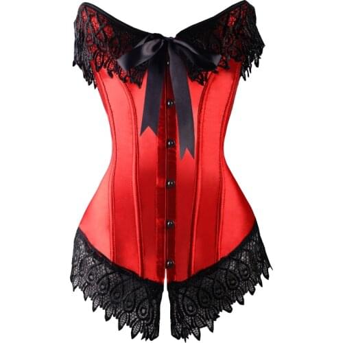 Gothic Sexy Women Corset Bustier Halloween Costume Lace Up Lingerie Overbust Top Body Shaper Waist trainner Lace Trimmed Red