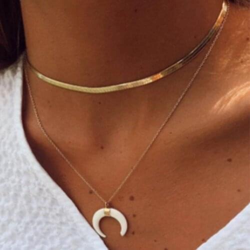 HuaTang Bohemian Crescent Pendant Necklace for Women Gold Color Double Layer Snake Chain Lady Party Collares Jewelry on the Neck