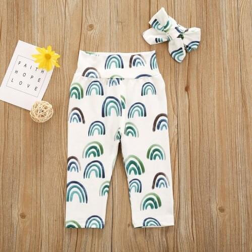 2020 Summer Toddler Girls Sweet Floral Print Breathable Elastic High Waist Long Pants + Headband Set Baby Daily Clothing 0-18M