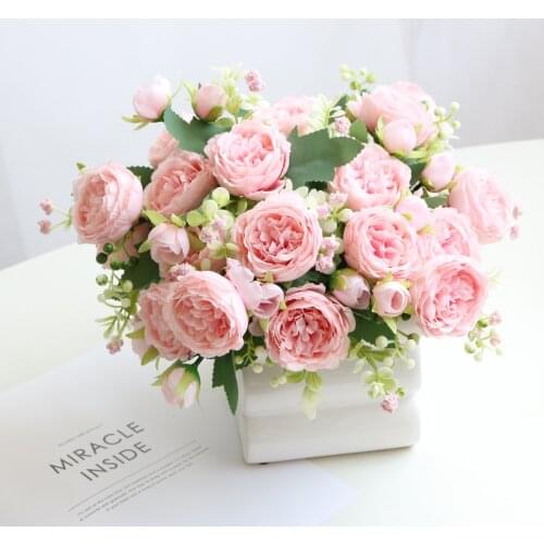 Beautiful Artificial Flowers Roses 5 Head with 4 Buds Silk Fake Flower for Wedding Home Living Room Decoration