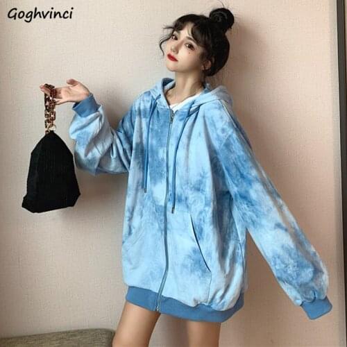 Jackets Women Harajuku Hooded Zipper Up Tie Dye Oversize Streetwear Vintage Retro Daily Hip Hop Loose Femme Autumn New Fashion
