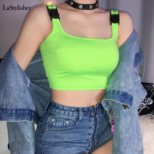 LaStylisher Fashion Neon Green Buckle Rave Festival Crop Tops Sleeveless Summer Tank Top 2020 Casual Sexy Cropped Top Female New