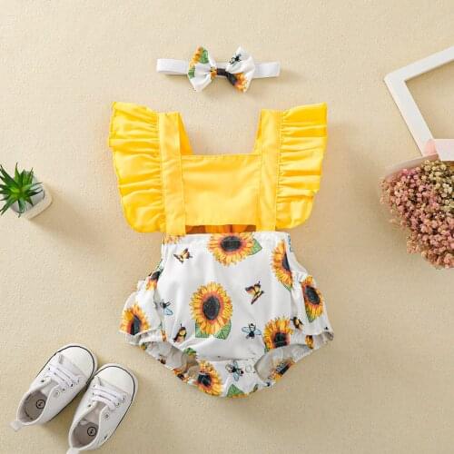 2 Pieces Baby Girls Summer Clothes Rompers Set Sunflower Print Square Neck Fly Sleeve Jumpsuits + Headband Outfits