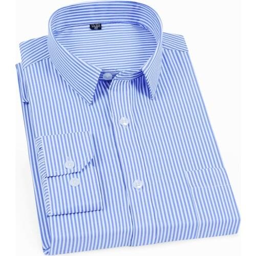 Mens Classic Long Sleeve Solid/Blue stripe Shirts Single Patch Pocket Formal Business Standard-fit Office Social Shirt