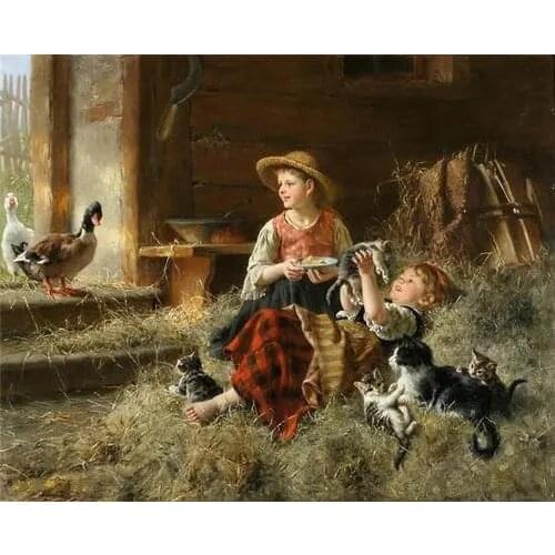 Cross Stitch Kits 14CT Unprinted People Farmyard Cute girl and Cats For Embroidered Handmade Art Counted Set Wall Home Decor