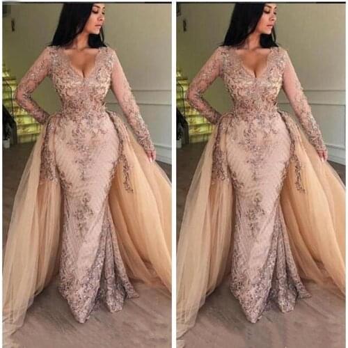 2021 New V Neck Lace Mermaid Prom Dresses Long Sleeves Tulle Applique Floor Length Formal Party Evening Dresses With Detachable