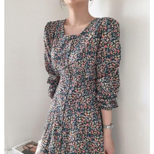 Fall 2021 Korean Fashion WomenS Dress One-Piece Elegant Square-Neck Long-Sleeved Floral Print Dress Office Ladies Casual Dress