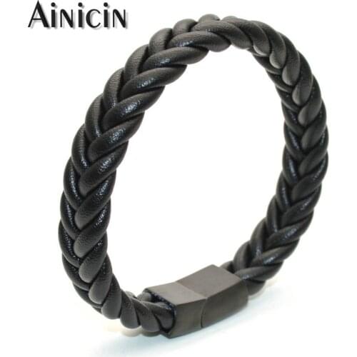 12mm Wide Genuine Soft Leather Woven Hologram Bracelets Stainless Steel Magnet Clasp Bangles For Fashion Mens Jewelry 10pcs