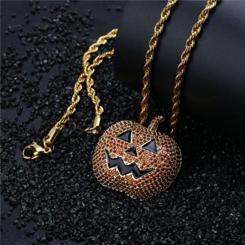 Lucky Sonny Hip Hop Pumpkin Pendant Red CZ Micro Paved Pendants & Necklaces With Black Enamel Gold Color Jewelry Holloween Gift