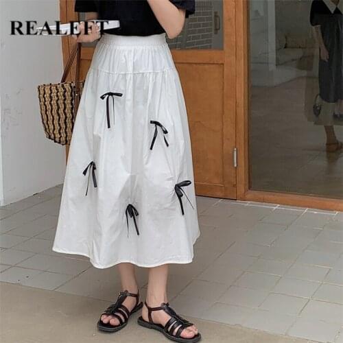 REALEFT 2021 New Summer Cotton Womens Long Skirts Bow White Female High Waist A-Line Umbrella Casual Korean Style Skirts Lady