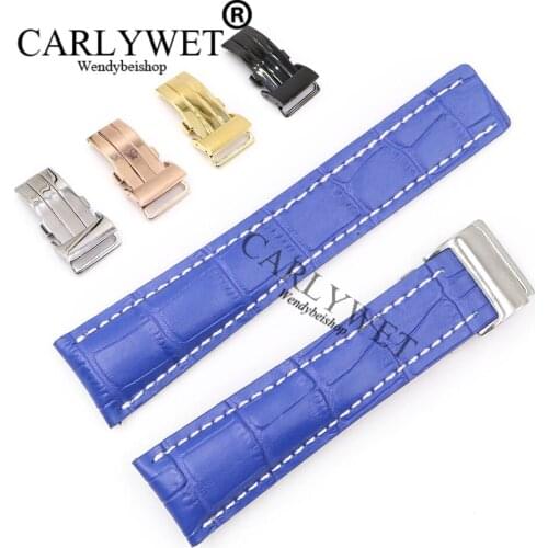 CARLYWET 22 24mm Blue Men Women Wholesale Replacement Real Cowhide Leather Wrist Watch Band Strap For Super Ocean