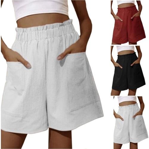 High Waist Women Cotton Linen Wide-leg Shorts Elastic Solid Color Plus Size Short Pants Summer Pocket Jogger Fitness Sportswear
