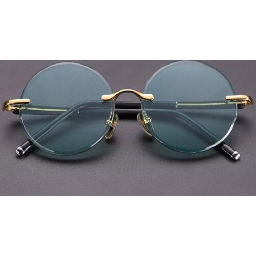 Rimless Round Glass Sunglasses Man Woman Acetate Frame + Natural Crystal Stone Green Lens Sun Glasses UV400 Anti Eye Dry Scratch