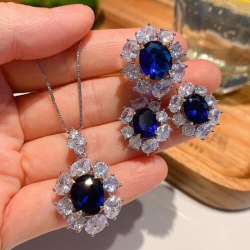 Vintage 100% 925 Sterling Silver Sapphire Gemstone Lab Diamond Ring Pendant Necklace Earrings Wedding Jewelry Set For Girlfriend
