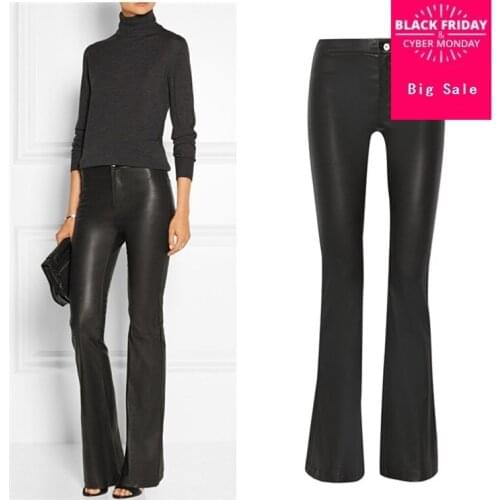 XS-XXL Fashion Brand Pu leather pants 2020 autumn Womens High package hip Quality Water Wash Mid Waist Slim Flare Pants wj723