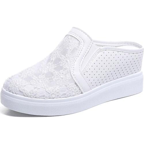 Women Mesh Casual Shoes Flat Platform Wedge Shoes Height Increasing 7CM Hollow Hole Breathable Mesh Sneakers Women Slippers 2019