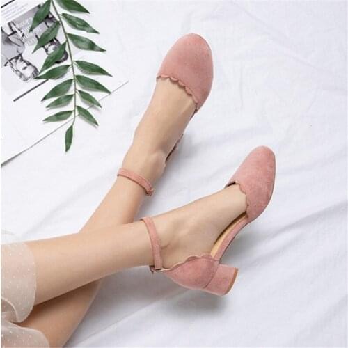 PXELENA Plus Size 34-43 Sweet Ruffles Women Sandals Block Heels Ankle Strap Flock Round Toe Summer Shoes 2020 Pink Beige Black