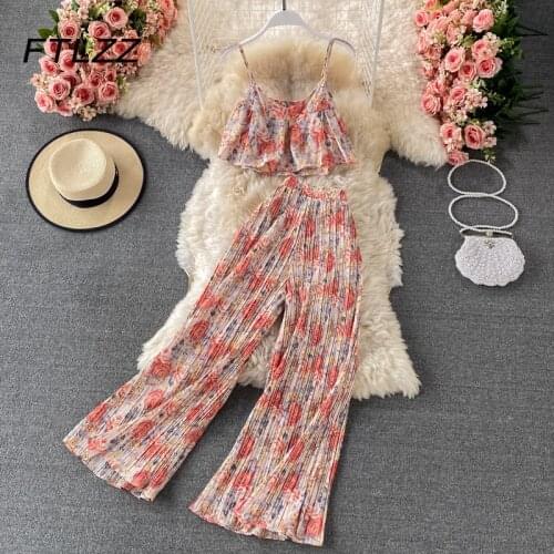 Woman Boho Set Summer Floral Printed Chiffon Shirt Two-piece Suit 2021 Woman High Waist Wide Leg Pleated Pants Suits Outfits