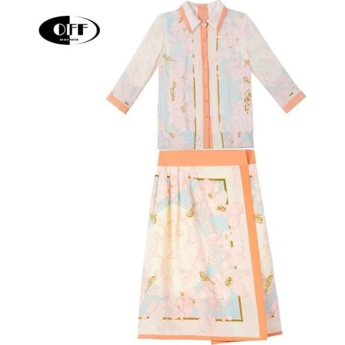 Designer Casual Two Piece Set Suit Outfits Women Vintage Floral Printed Traf Basic Summer Chic shirt tops and midi skirts 2piece