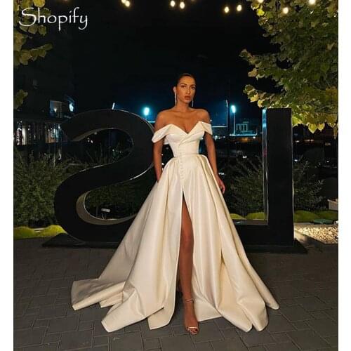 Long Elegant Evening Dress 2021 Off The Shoulder V-neck Sleeveless High Slit Ivory Dubai Women Formal Party Gowns