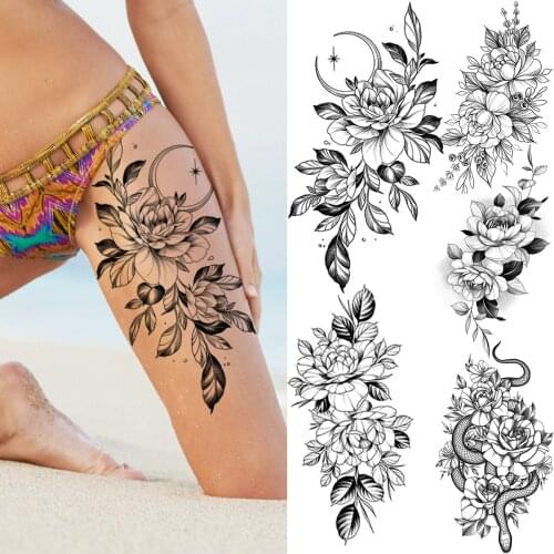 3D Realistic Rose Flower Moon Temporary Tattoos For Women Adult Peony Snake Fake Tattoo Stickers Sexy Thigh Tatoos Decal