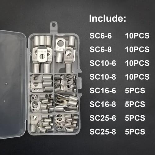 60PCS 6-25mm² Assortment Tinned Copper Lugs Terminal Wire Welding Cable Connector Suit SC16-6 SC25-8 SC35-8