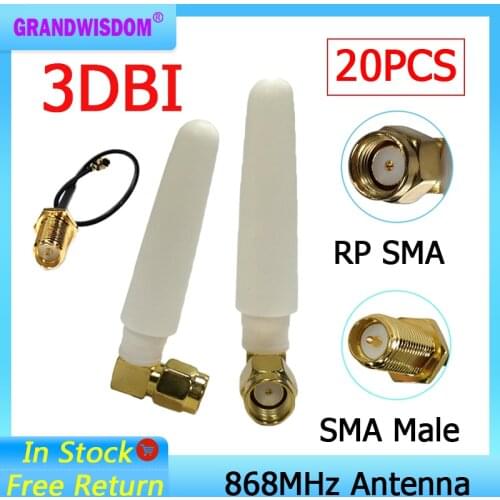 20pcs 868MHz 915MHz Antenna 3dbi RP-SMA Connector GSM 915 MHz 868 MHz antena antenne +21cm SMA Male /u.FL Pigtail Cable